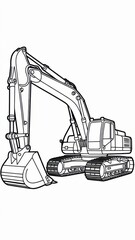 Kids construction coloring page featuring a detailed excavator with long arm, bucket and tracked wheels. Thin black outline with simple contours and many small mechanical details.