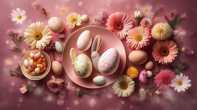 Charming Easter Table Setting with Bunnies Flowers and Decorated Eggs.