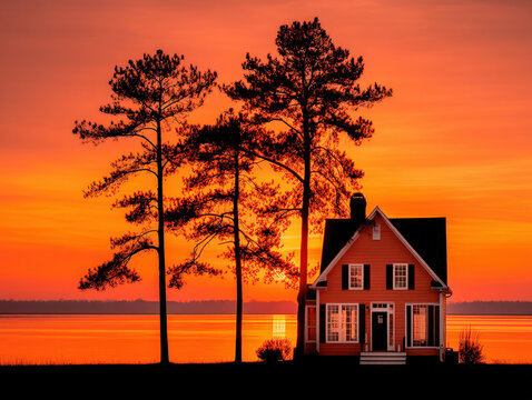 Farm house silhouette at sunset - Powered by Adobe