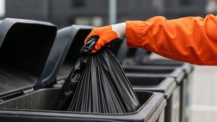 Worker in orange gloves disposing of black trash bag in bin  