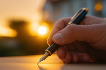 Golden hour writing: Hand holding a refined fountain pen under warm sunlight