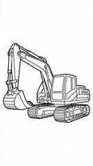 Kids construction coloring page featuring a detailed excavator with long arm, bucket and tracked wheels. Thin black outline with simple contours and many small mechanical details.