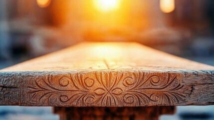 Close-up of a wooden table with intricate carvings, illuminated by warm sunlight, creating a sense of history and craftsmanship.