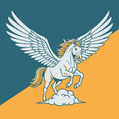 A majestic white pegasus with outstretched wings, standing on a cloud, against a two-tone background.