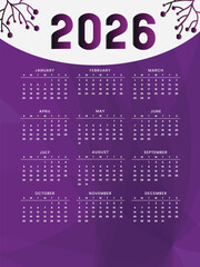 Simple modern vector illustration, Year 2026 wall calendar with aligned dates, in English