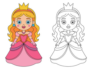 A colorful illustration shows a happy cartoon princess next to its black and white outline for coloring fun.