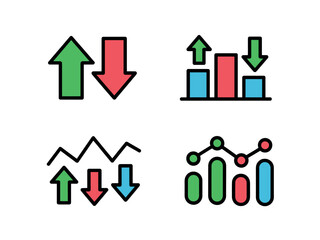 Arrows and bar charts illustrate upward and downward trends in business and finance.