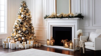 Elegant Christmas living room with a beautifully decorated tree, gifts, and a cozy fireplace ambiance