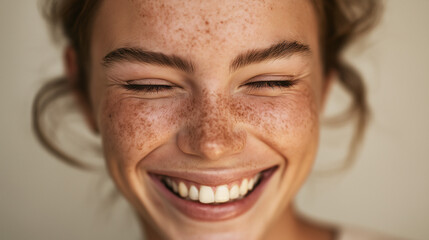 Joyful close-up portrait of a young woman with freckles and eyes closed, showing a wide, genuine smile