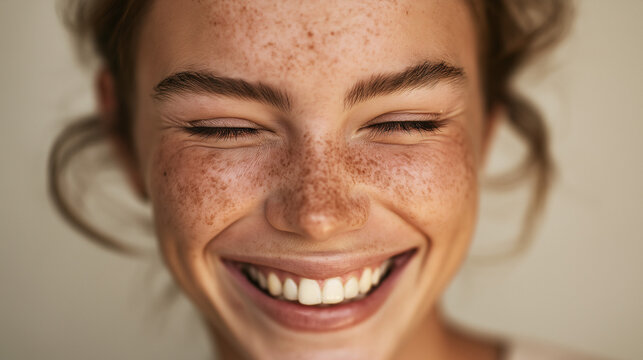 Joyful close-up portrait of a young woman with freckles and eyes closed, showing a wide, genuine smile - Powered by Adobe