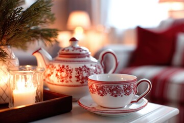 Fototapeta premium Cozy tea setting with ornate red and white teapot and cup on a table, warm ambiance with candles and decor