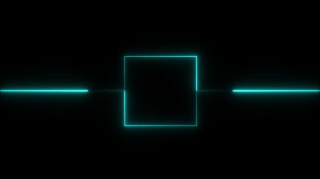 Abstract black background, blue color neon box with glowing neon lines. Glowing Neon light frame rectangle loading icon animation on a black background