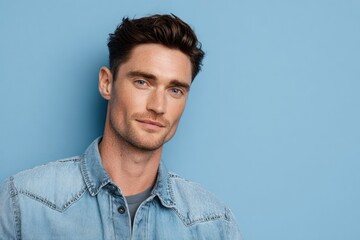 Obraz premium Young man with stylish haircut wearing denim jacket poses confidently against a soft blue background, showcasing modern fashion and approachable demeanor in a portrait setting