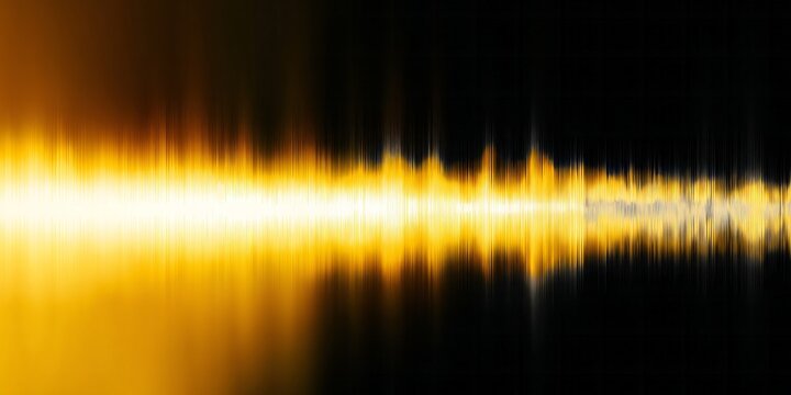 Intense golden light visualization displays across a dark background resembling an audio waveform