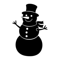 A cheerful black silhouette of a classic snowman wearing a top hat and scarf, isolated on a white background.