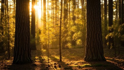 Golden Sunbeams Illuminate a Young Pine Tree Between Two Ancient Trunks.