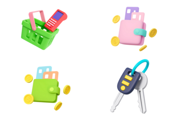 Shopping finance payment wallet car keys 3D cartoon illustration for secure transactions convenient purchases everyday mobile digital lifestyle money management concept, PNG with transparent backgroun