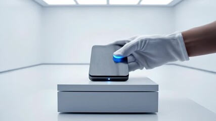 In a bright, minimalist lab, a technician carefully places a device on a platform, showcasing precision and attention to detail in technology handling, ensuring cleanliness and safety.