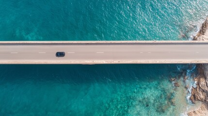 Car drives along coastal road over clear turquoise water at sunny day