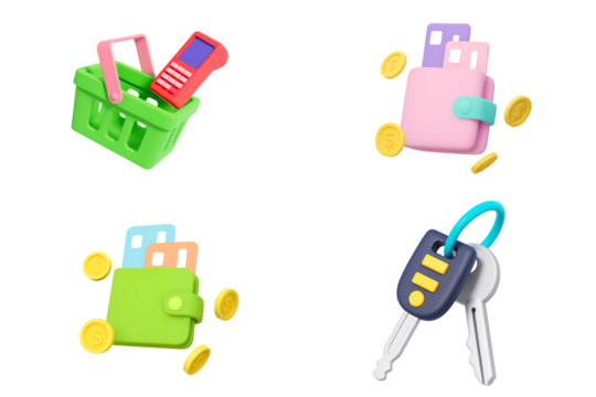 Shopping finance payment wallet car keys 3D cartoon illustration for secure transactions convenient purchases everyday mobile digital lifestyle money management concept, PNG with transparent backgroun