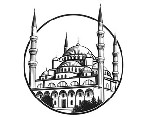 A detailed black and white sketch of a grand mosque, featuring multiple domes and tall minarets, enclosed within an oval border