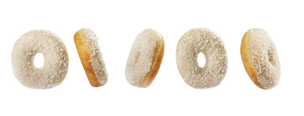 Five coconut-covered donuts are arranged in a neat line against a plain white background. Their golden edges and fluffy texture invite a tasty treat at any time of day.