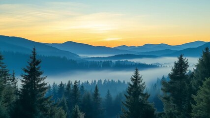 Stunning sunrise over misty mountain range with evergreen forest valley in the foreground during early morning light 4k video - Powered by Adobe