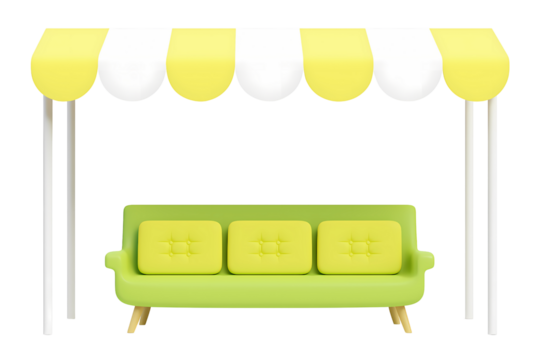 Outdoor sofa couch 3D cartoon seating furniture illustration for garden patio decor relaxation comfort home design modern style, PNG with transparent background