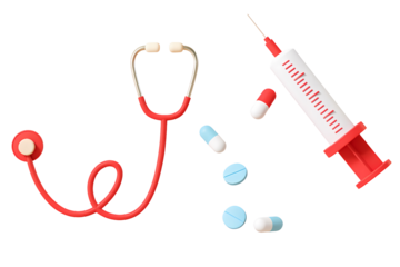 Stethoscope syringe pills capsules 3D cartoon illustration medical healthcare treatment medicine pharmaceutical design, PNG with transparent background
