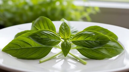 Obraz premium Fresh basil leaves arranged on a white plate in natural light