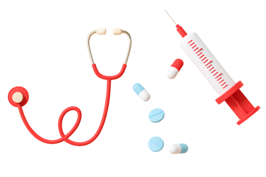 Stethoscope syringe pills capsules 3D cartoon illustration medical healthcare treatment medicine pharmaceutical design, PNG with transparent background
