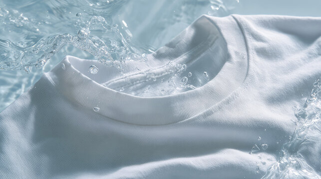 Close-up of white t-shirt collar, t-shirt in clean water with bubbles. Oxygen bleach, washing, stain remover, laundry cleanliness