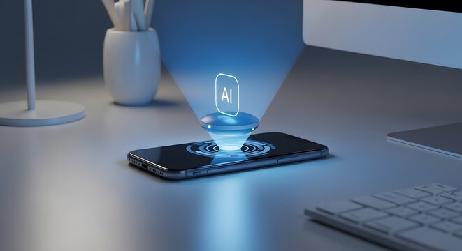 Ai hologram projecting from smartphone on desk, future tech concept - Powered by Adobe