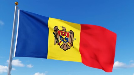 Moldovan Flag Waving in the Wind Against a Clear Blue Sky: National Symbol Animation