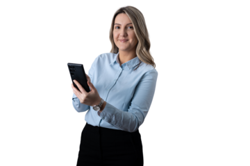 Professional woman smiling holding smartphone on transparent background