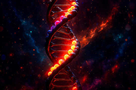 Glowing dna helix with vibrant colors and cosmic background