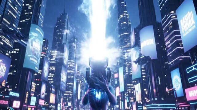 Futuristic Alien Invader with Plasma Gun in a Cyberpunk City at Night.