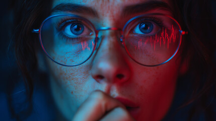 Intense Close-up of Trader's Face Reflected with Red Candlestick Stock Market Data in Eyeglasses