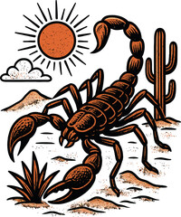 Scorpion Desert Cactus Sun Vintage Art Vector