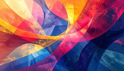 Swirling abstract of blended warm & cool hues, translucent layers interlock creating fluid motion and dynamic depth