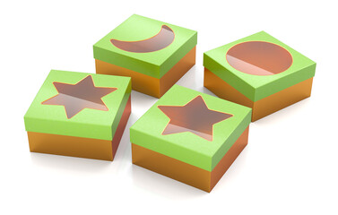 Set of colorful gift boxes with clear lid window of different shapes. 3d illustration on white background