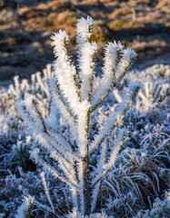 Frosty Plant Close-Up Amidst Winter Landscape in Morning Light
