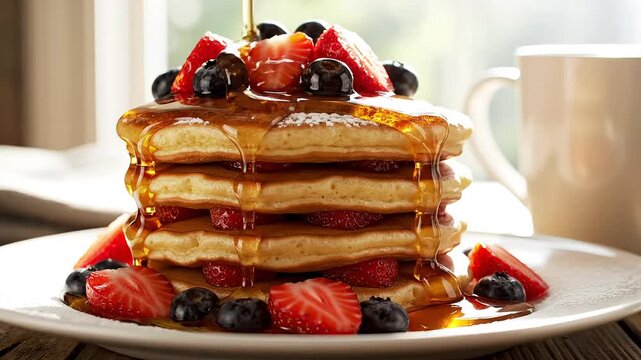 Golden syrup drizzling onto stack of delicious pancakes with fresh fruit for breakfast