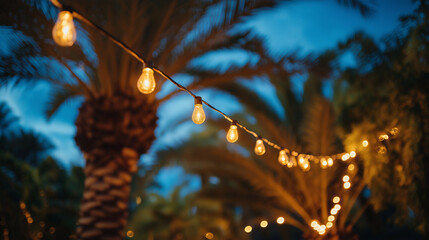 Glowing Edison Bulbs Strung Above Palm Trees Against a Deep Blue Evening Sky