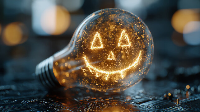 Pumpkin smile glowing within a particle-filled light bulb on a dark circuit board.