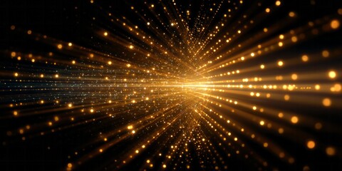 Obraz premium Brilliant golden particles radiate outward from a central, bright light source against a dark background.