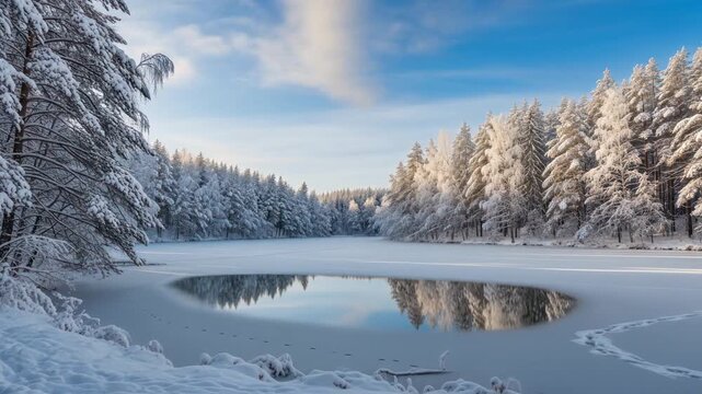 Winter Wonderland - A Serene Lake Surrounded by Snow-Covered Trees Under a Blue Sky.