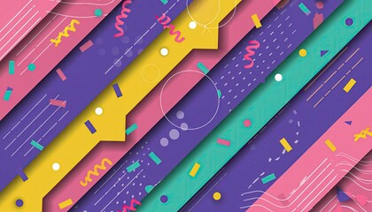 Vibrant abstract background with colorful diagonal stripes and festive graphic patterns.