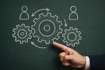 Collaboration teamwork consulting engineering process solution A confident hand points to chalkboard gears and arrows to evoke creative problem solving and organizational alignment