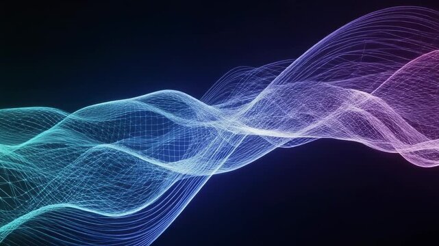 Wave signal frequency spectrum energy flowing in colorful neon ribbons across a dark background conveying dynamic motion and futuristic mood